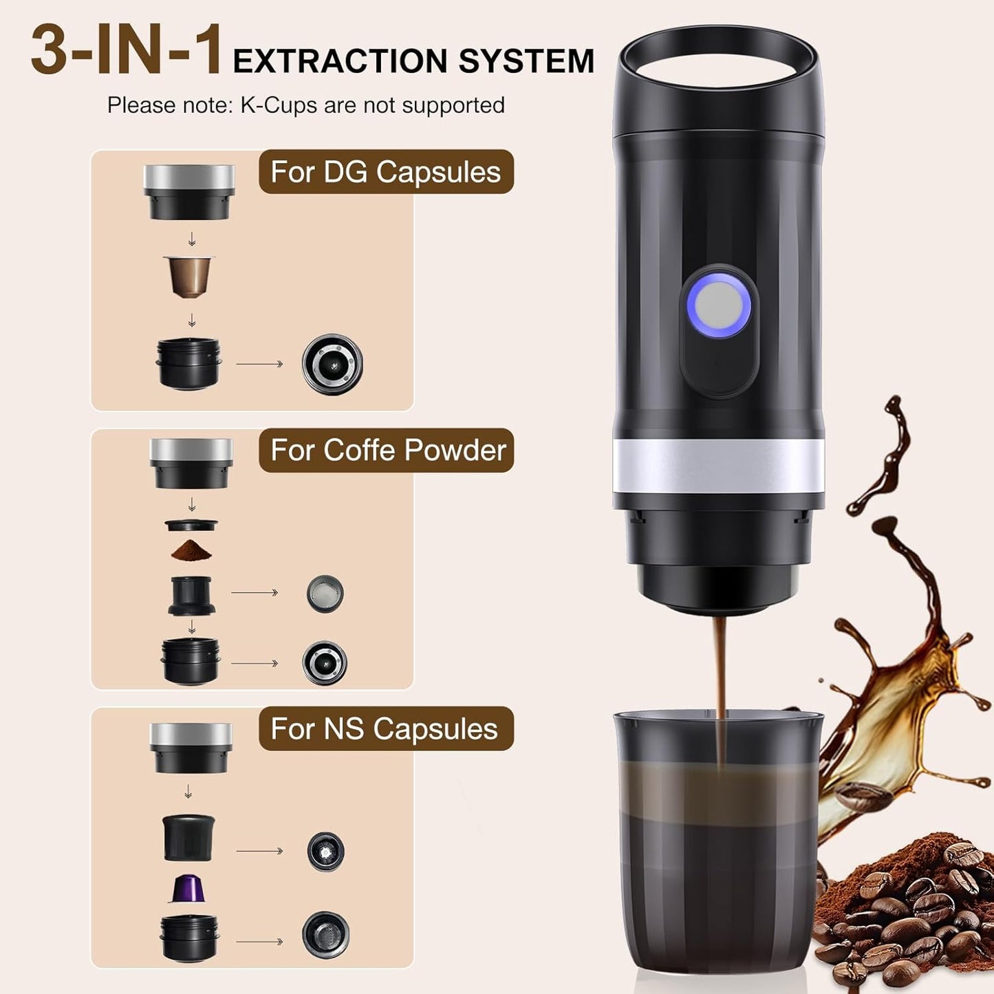 3-in-1 Portable Coffee Maker Fits For Ground Coffee & Capsule Pod(NS&DG),9600mAh&20Bar Mini Battery Espresso Machine For Camping | Office | RV | Travel,Small Self-Heating Electric Coffee Machine