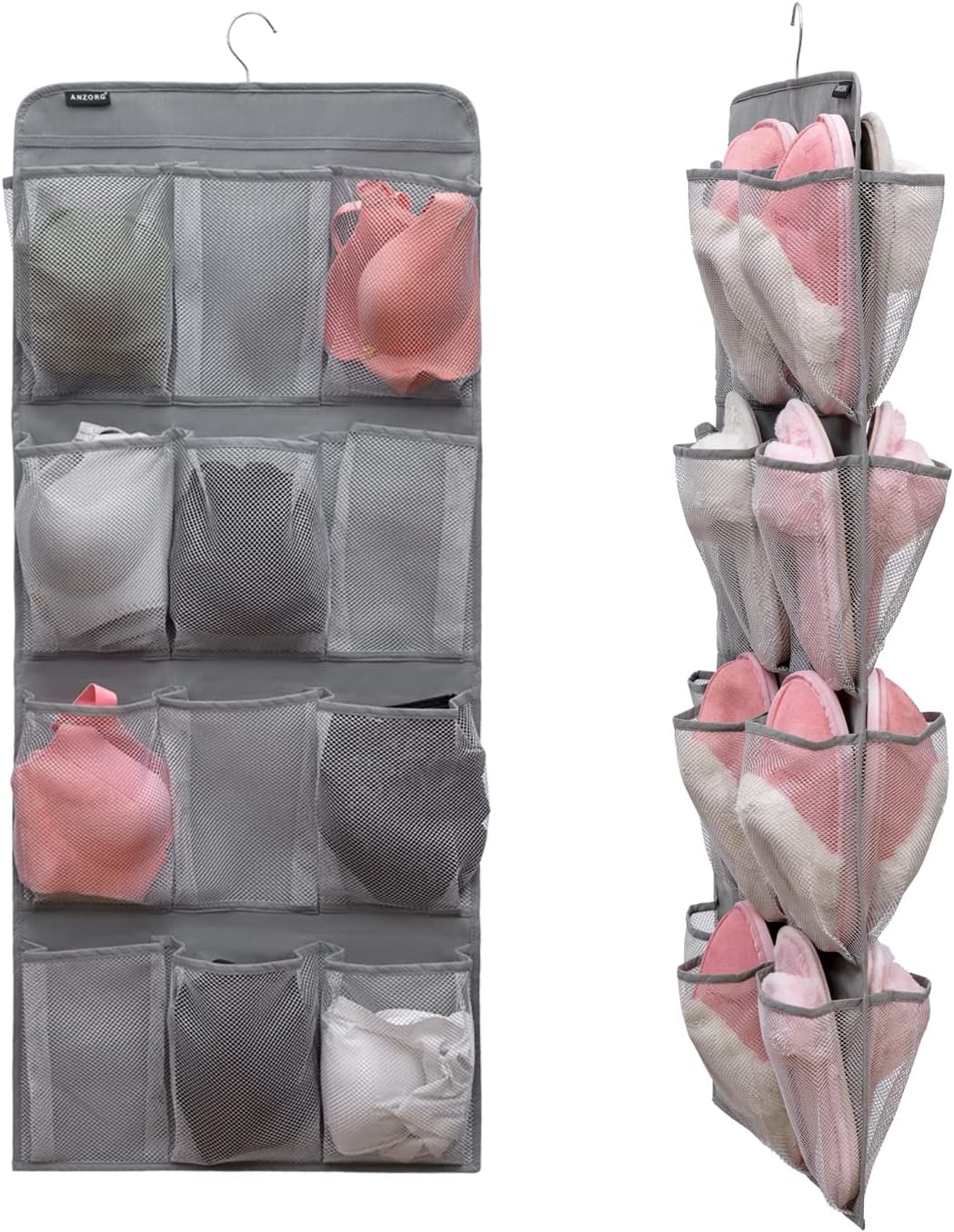 Dual Sided Hanging Shoe Organizer for Closet with Rotating Hanger Hanging Shoe Rack Holder with 24 Large Pockets (Grey-Mesh Pockets)