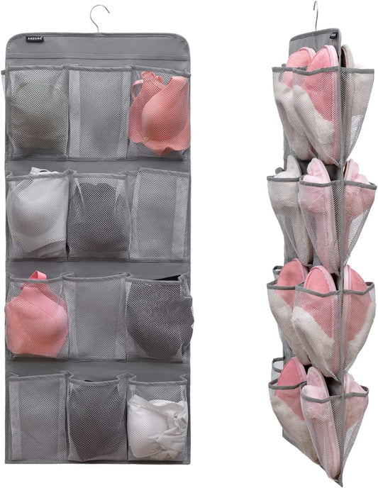 Dual Sided Hanging Shoe Organizer for Closet with Rotating Hanger Hanging Shoe Rack Holder with 24 Large Pockets (Grey-Mesh Pockets)