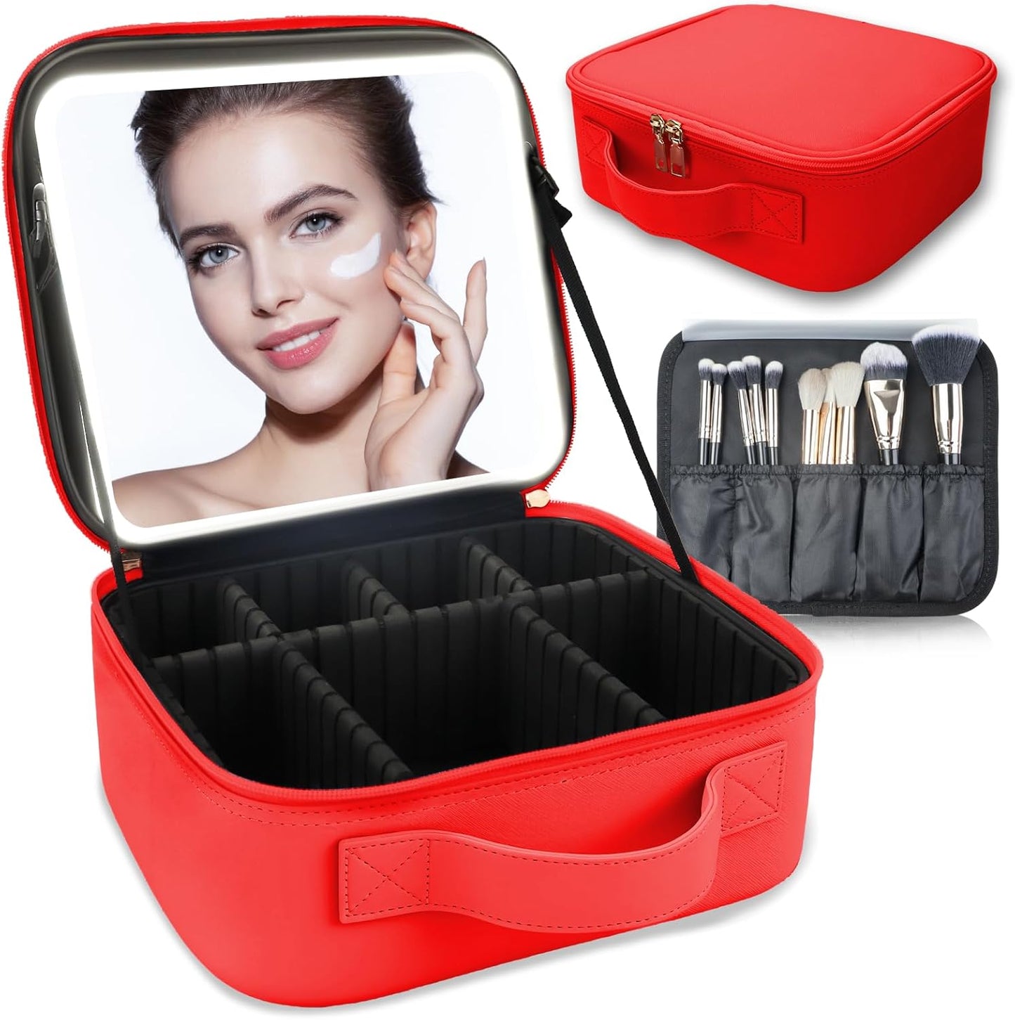 Makeup Bag with Led Mirror,Travel Makeup Organizer with 3 Color Setting, Portable Storage and Adjustable Dividers Travel Makeup Bag(red)