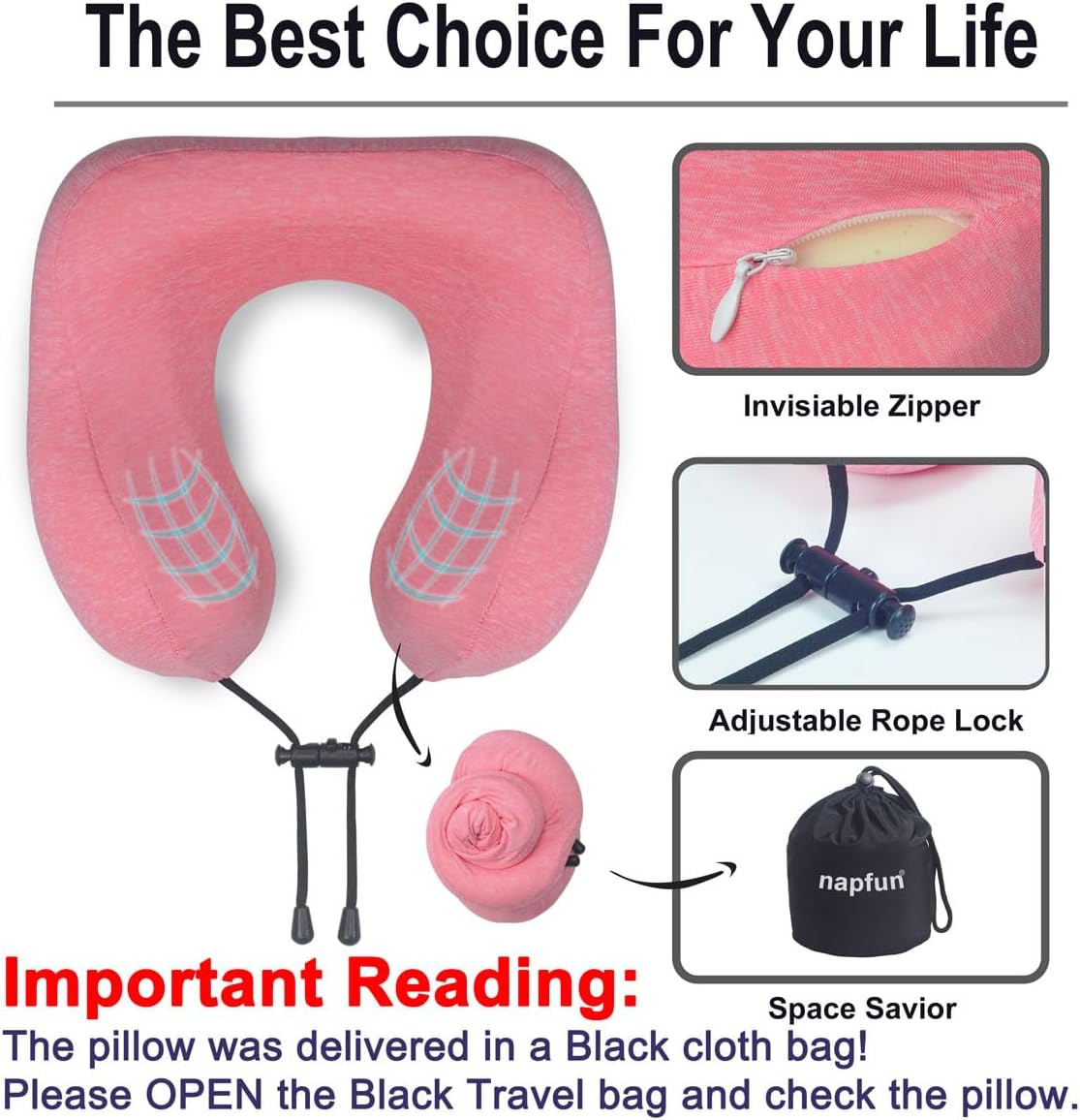 napfun Neck Pillow for Traveling, Upgraded Travel Neck Pillow for Airplane 100% Pure Memory Foam Travel Pillow for Flight Headrest Sleep, Portable Plane Accessories, Rose