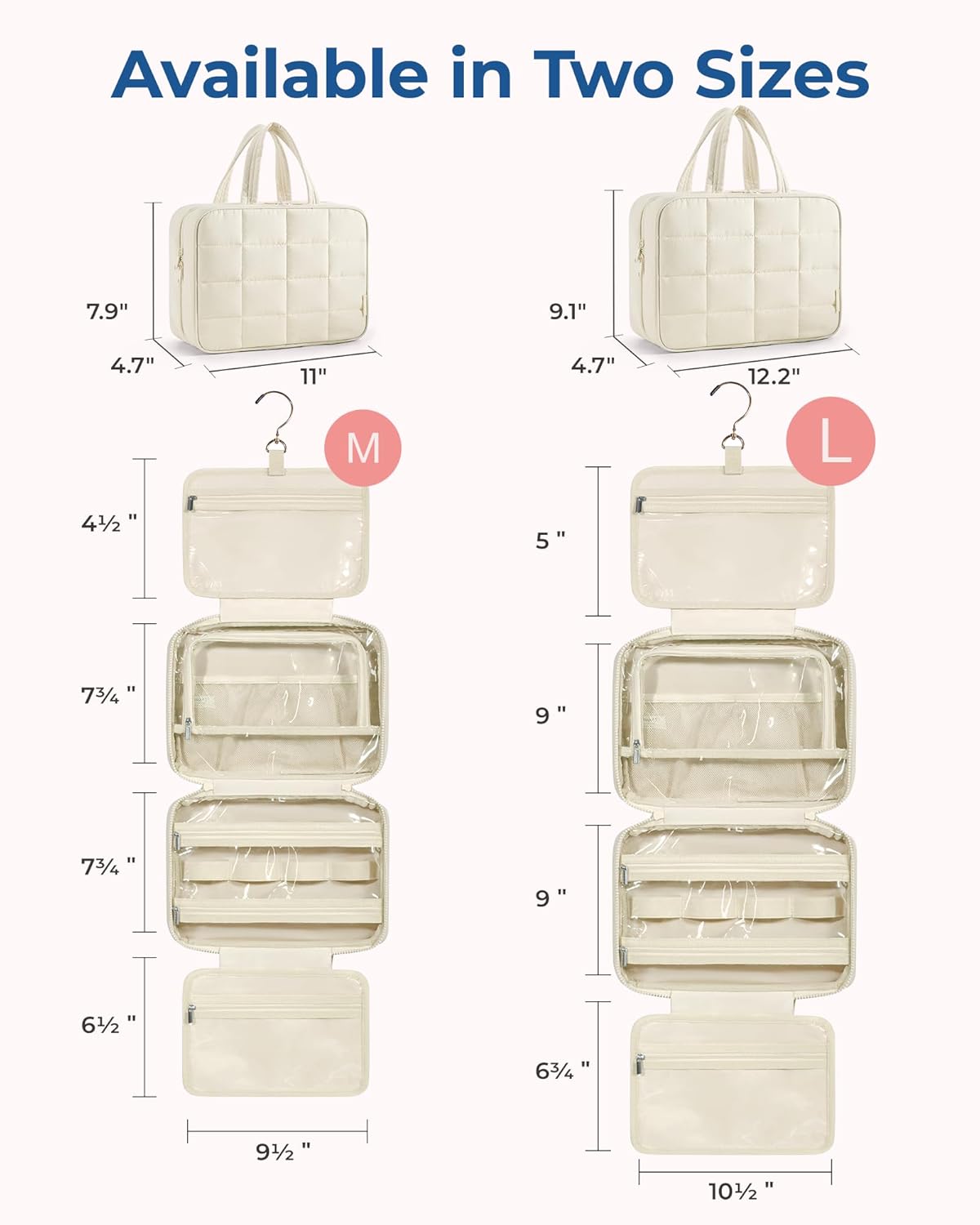 BAGSMART Travel Toiletry Bag with Jewelry Organizer, Hanging Travel Bag for Toiletries, Puffy Makeup Cosmetic Bag Organizer, Carry-on Travel Accessories Essentials, Beige-M