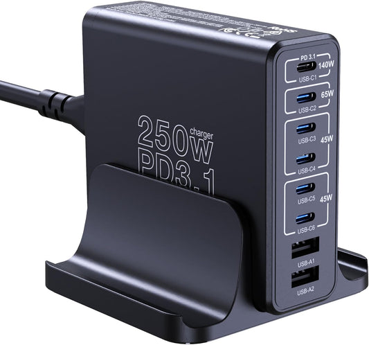 Aftertop 250W USB C Charger, 8-Ports PD3.1 140W Fast Charging Station, Compact Laptop GaN Charger for MacBook, iPad, iPhone 16 15 Pro Max, Galaxy S24/S23 Ultra, Pixel and More