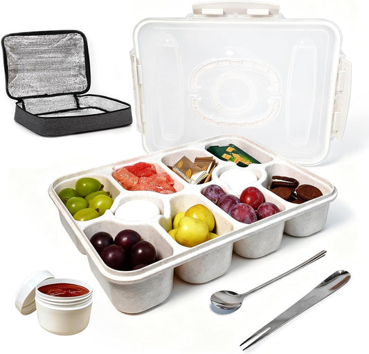 10-Compartment Insulated Snackle Box with Thermal Bag&Cover-Portable Divided Serving Tray,Dishwasher Safe,Clear Lid & Handle-Storage for Fruits bento Nuts, food storage,small tableware（white）