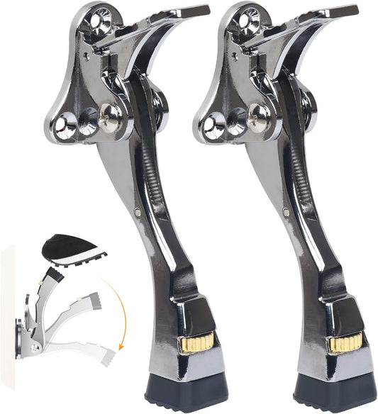 2 Packs Heavy Duty Kickdown Door Stopper, One Touch Adjustable Kickdown Door Stop for Heavy Doors, 4 in Metal Door Kickstand with Rubber Tip & Wall Protectors for Wide Doors- Sliver