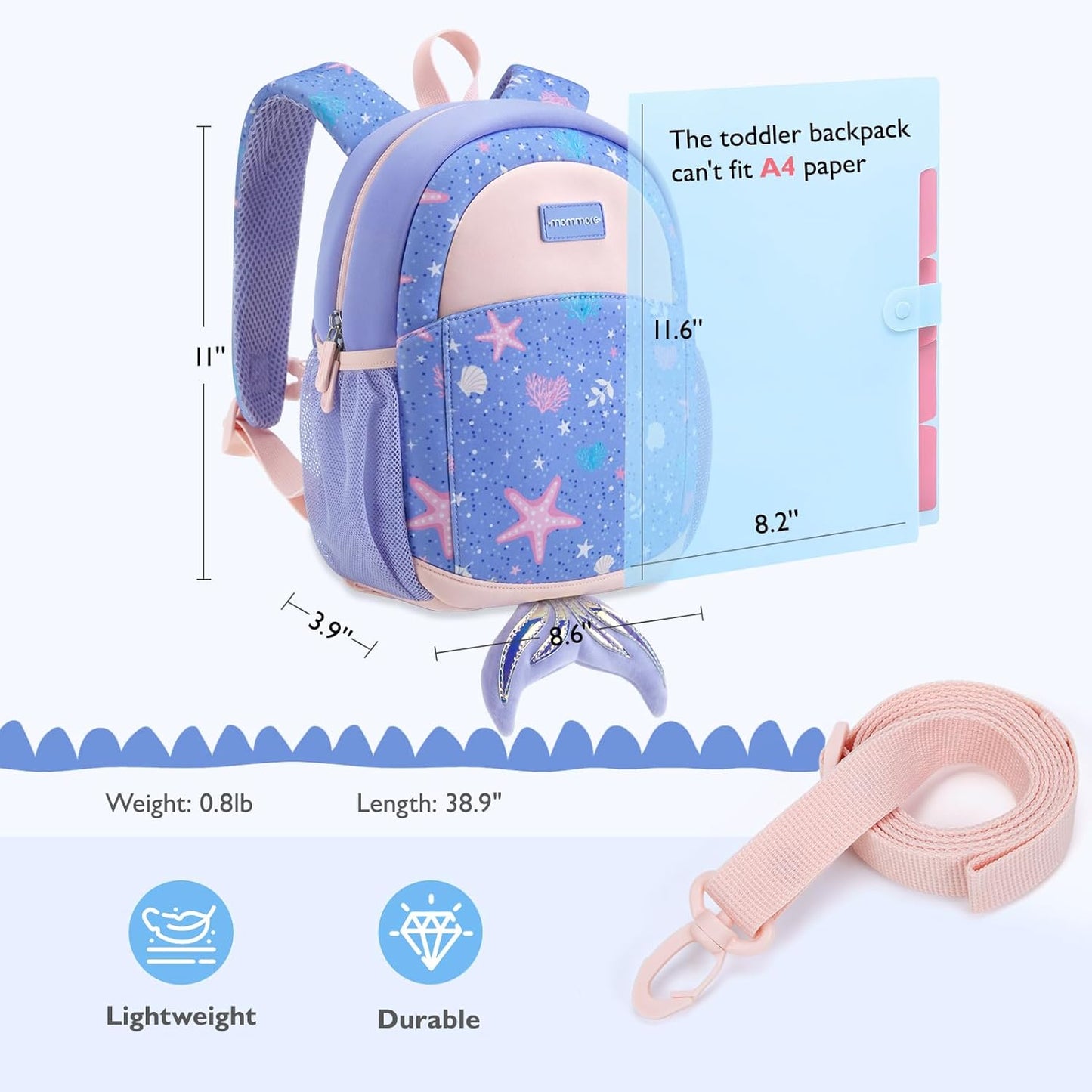 mommore Toddler Backpack for Girls 2-4 Neoprene Backpack with Kids Leash, 3D Cartoon Preschool Kindergarten Bookbag for Pre-k, Mermaid