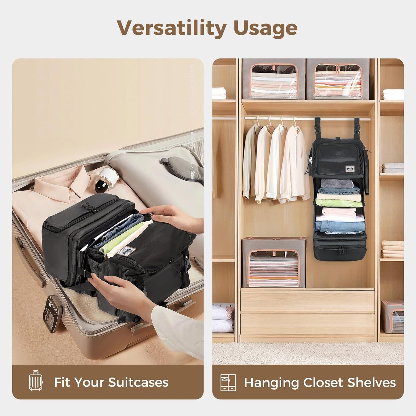 Hanging Packing Cubes for Travel – Portable Closet Organizer with Shoe Compartment, Compression Travel Shelves for 24–32 Inch Suitcases, Foldable Carry-On Packing System