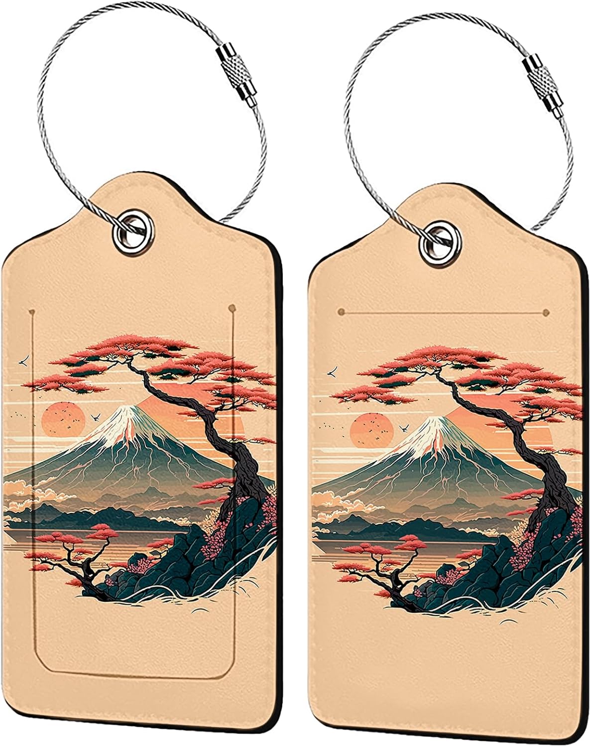 Mount Fuji and Sea 2 Pack Luggage Tag for Suitcase, Leather Bag Tags Identifiers Privacy Cover ID Label with Steel Loop for Women Men Kids Girls Travel