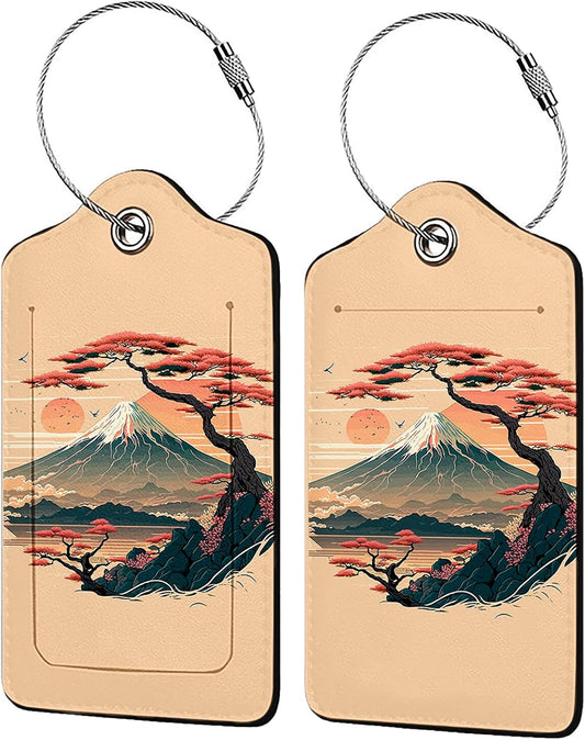 Mount Fuji and Sea 2 Pack Luggage Tag for Suitcase, Leather Bag Tags Identifiers Privacy Cover ID Label with Steel Loop for Women Men Kids Girls Travel
