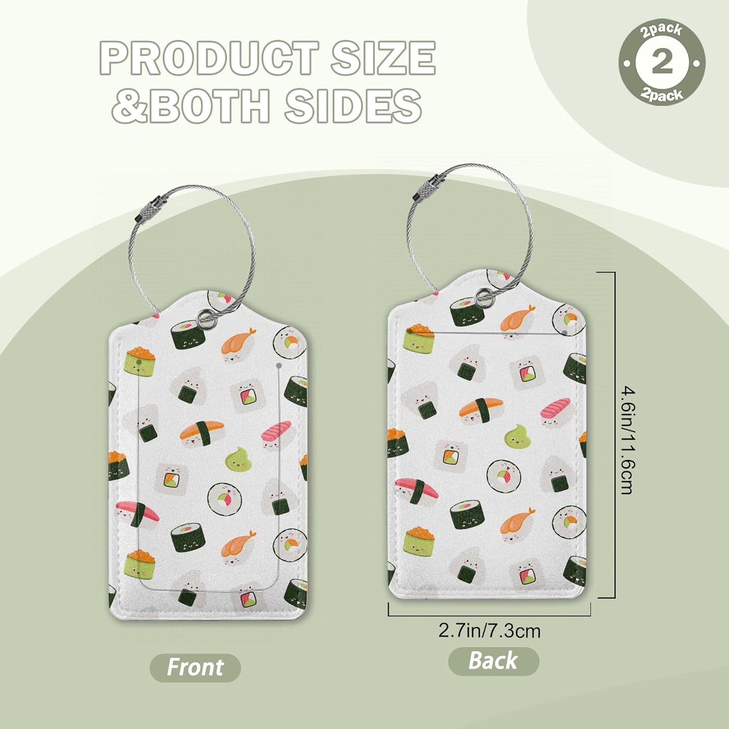 2 Pack Luggage Tags for Suitcase,Cute Funny Japanese Sushi Leather Luggage Tag Bag Tags Identifiers Privacy Cover Id Label with Steel Loop for Women Men Girls Boys Travel