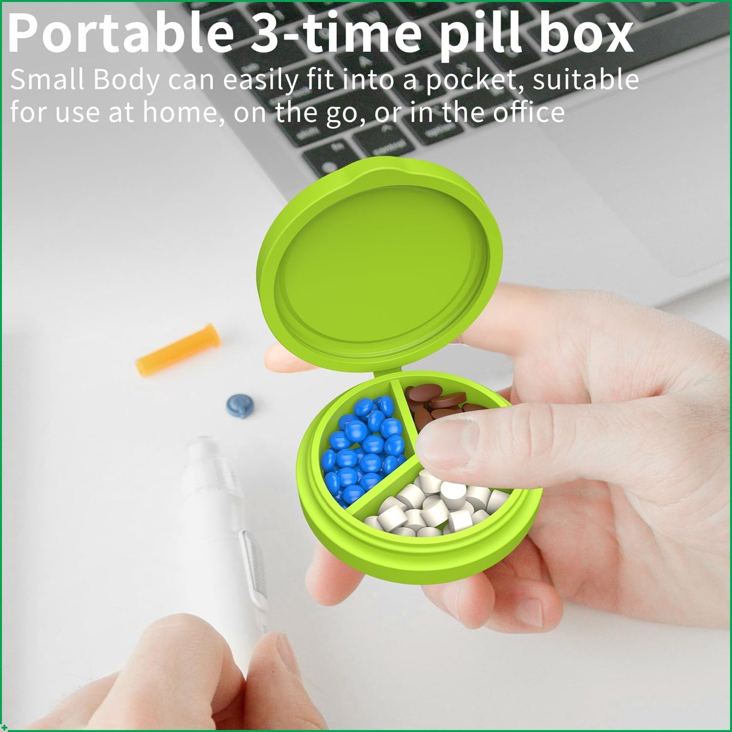 2 Pack Small Pill Box,3 Compartment Round Silicone Travel Pill Box for Purse Pocket, Waterproof Portable Compact Medicine Holder for Vitamin, Cod Liver Oil, Supplement(Green+Teal)