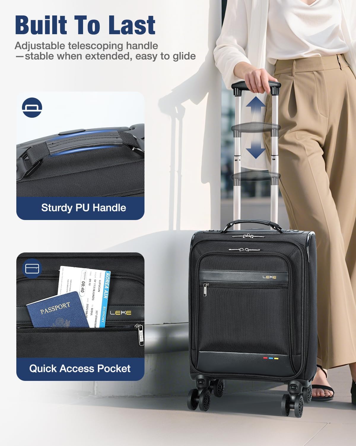 Lekebobor 16 Inch Underseat Carry On Luggage with Wheels, Softside Small Personal Item Suitcase Airline Approved, Under Seat Luggage for Women Men Travel Business, Black