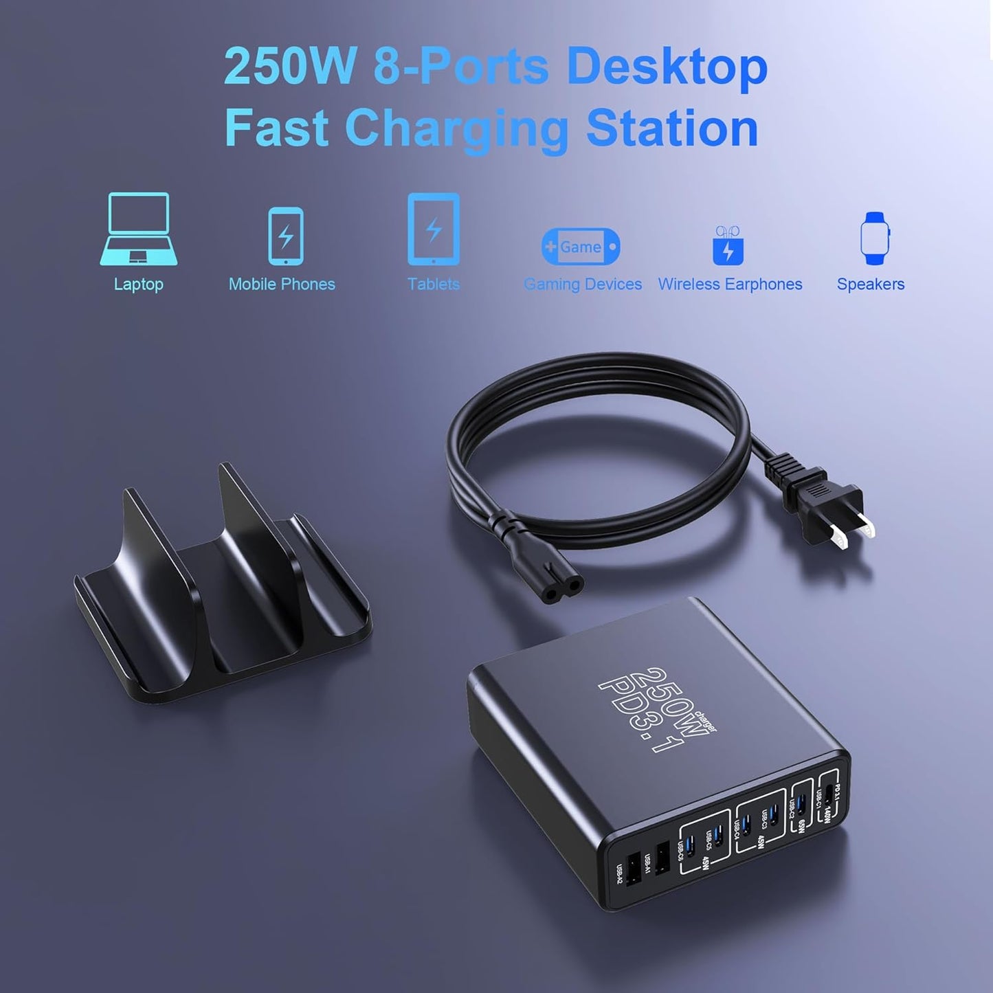 Aftertop 250W USB C Charger, 8-Ports PD3.1 140W Fast Charging Station, Compact Laptop GaN Charger for MacBook, iPad, iPhone 16 15 Pro Max, Galaxy S24/S23 Ultra, Pixel and More