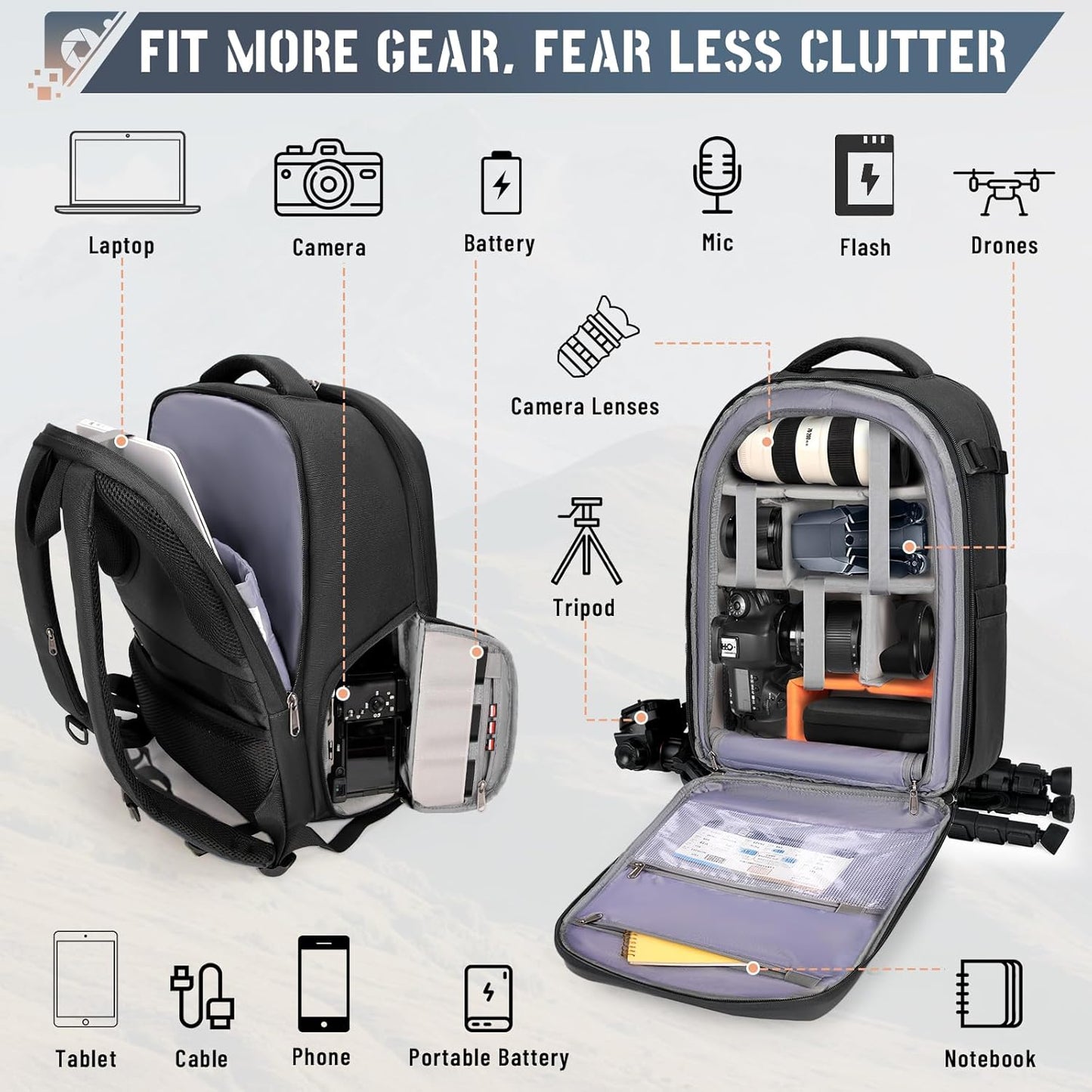 RAINSMORE Camera Backpack Hard Shell for DSLR/SLR Waterproof Camera Bag with Laptop Compartment 15.6 Inch Professional Camera Case with Rain Cover Photography Backpack Bag with Camera Lens Case Black