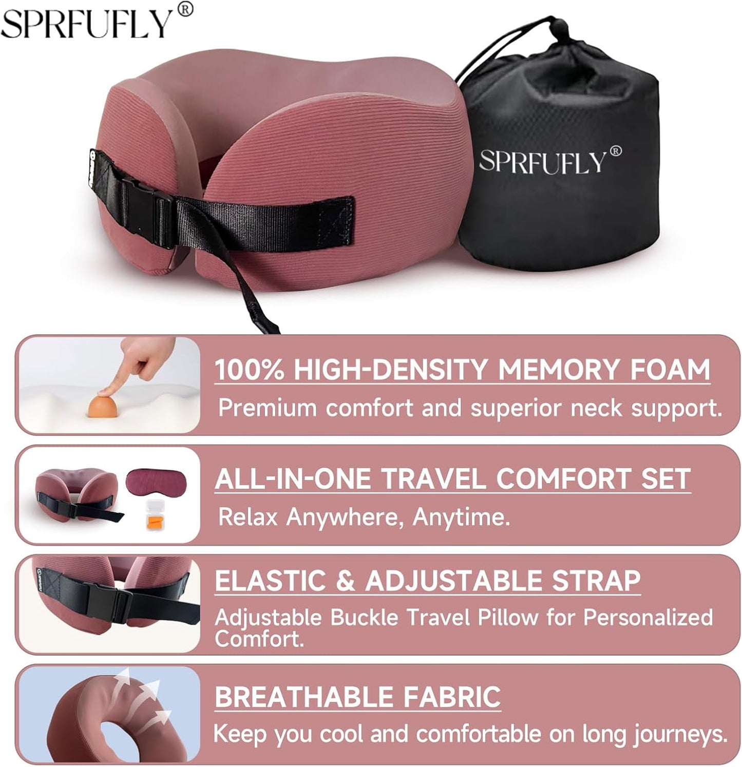 SPRFUFLY Travel Pillow/Neck Brace - 100% Memory Foam Neck Pillow for Sleeping, Airplane Pillow with Sleep Mask & Earplugs, Travel Essentials Neck Brace Pillow for Airplane, Car, Office & Home(Pink)