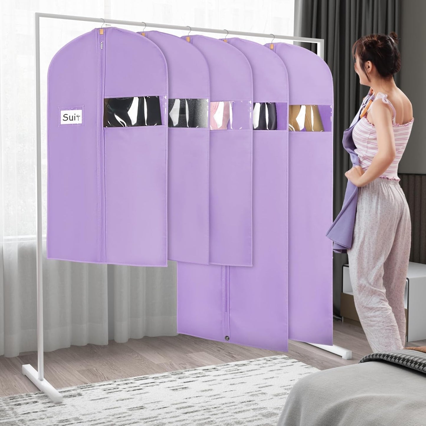 Syeeiex 60'' Garment Bags for Hanging Clothes, Set of 8 Dress Bags for Gowns, Garment Bags for Closet Storage for Gowns, Evening Dresses, Fur Coat, Long Dress(Purple)