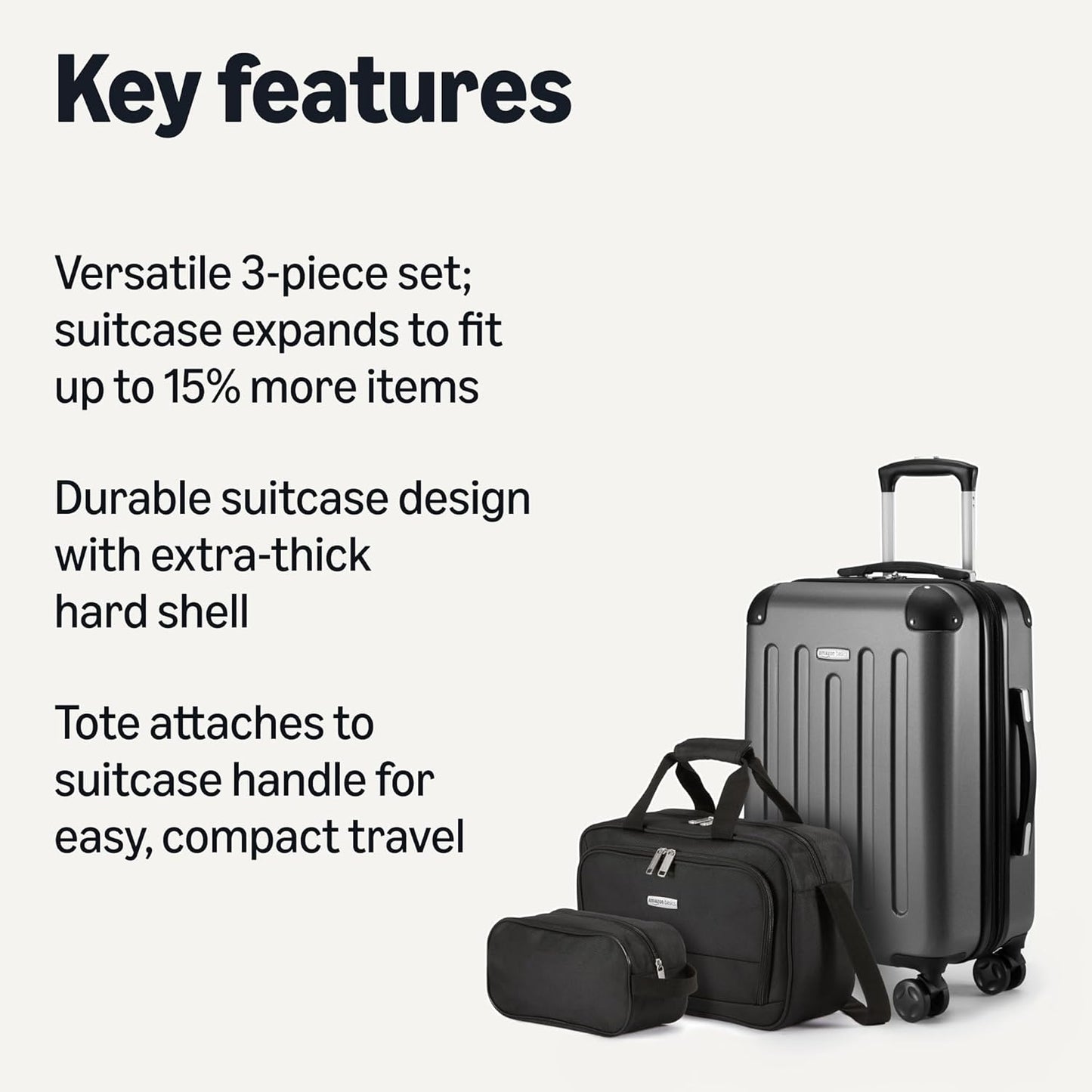 Amazon Basics 3-Piece Luggage Set, Including One Carry-On Luggage (22" Expandable Hardside Suitcase With 8 Spinner Wheels), One 15-inch Tote Bag, and One 10-inch Compact Travel Bag, Black