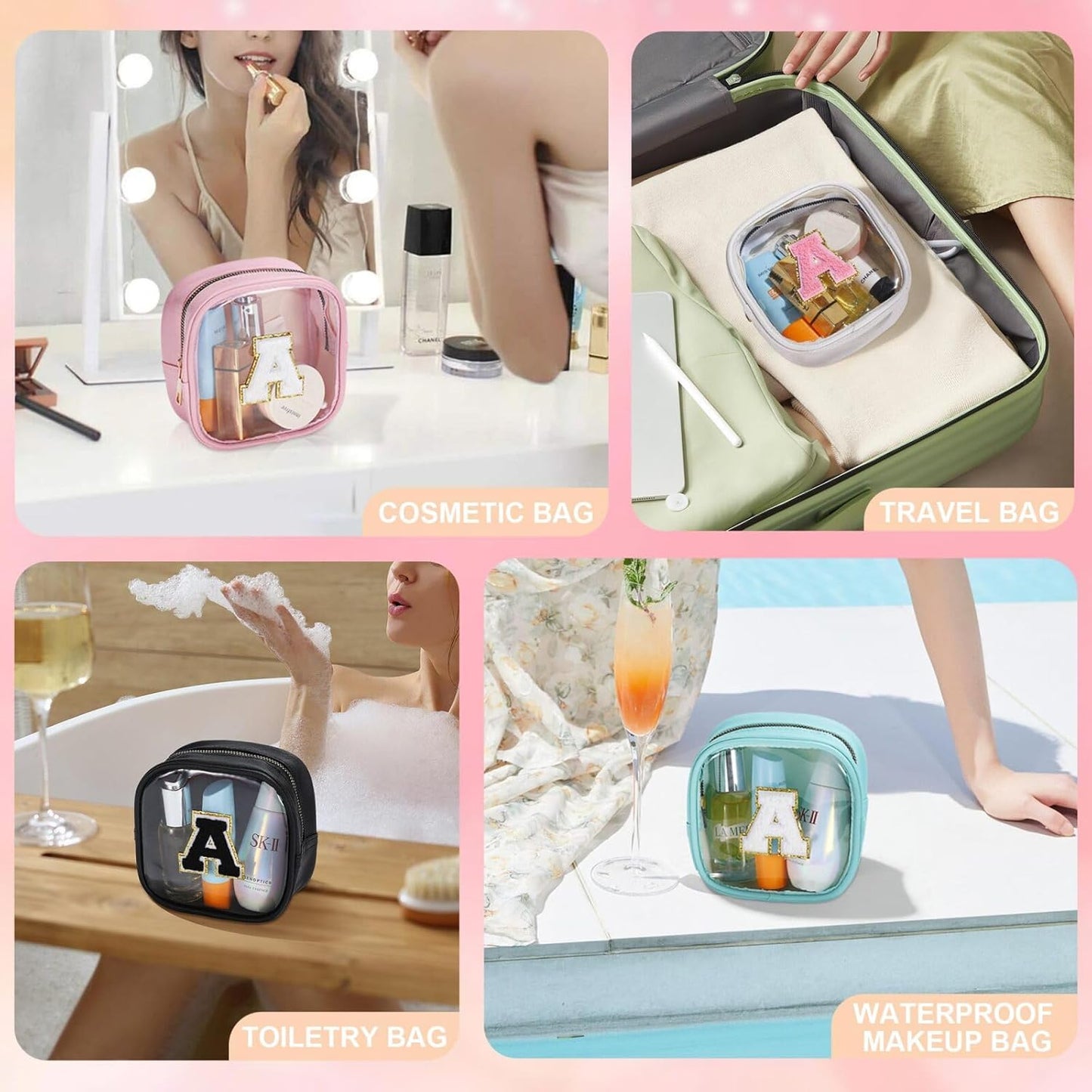 YOOLIFE Initial Make Up Bag Travel Toiletry Bag, Clear Makeup Bag Preppy Cosmetic Bags Organizer Travel Essentials Gifts for Women Teen Girlfriend Teacher Mom Birthday Mothers Day Gifts White E