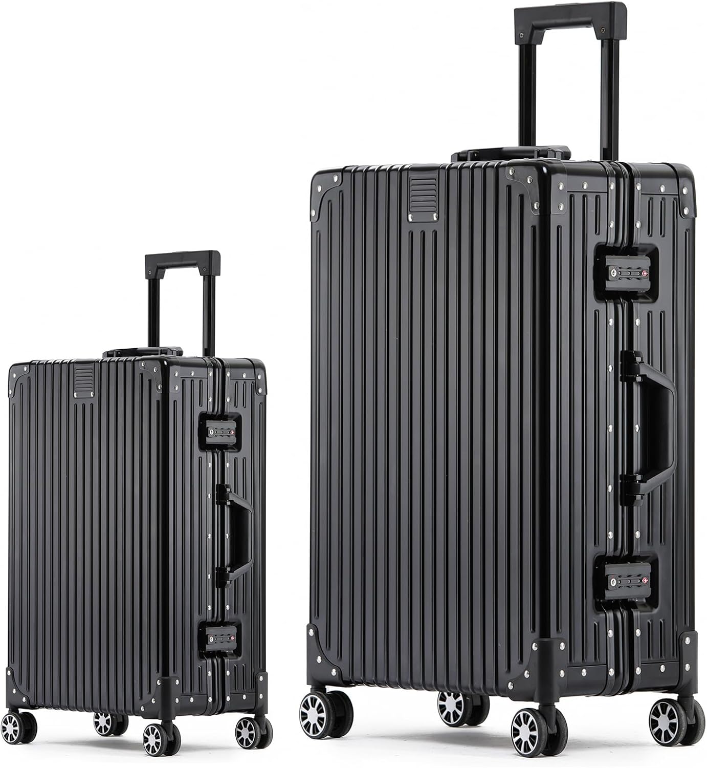 Metal All Aluminum Carry-on Luggage TSA Customs Lock Zipperless Silent Rotary Wheel Business Suitcase Aluminum Frame Set (black, 2Piece(20/28))