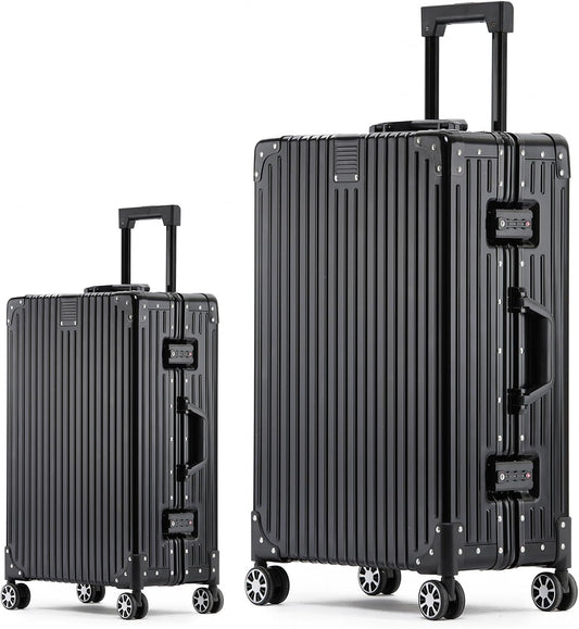 Metal All Aluminum Carry-on Luggage TSA Customs Lock Zipperless Silent Rotary Wheel Business Suitcase Aluminum Frame Set (black, 2Piece(20/28))