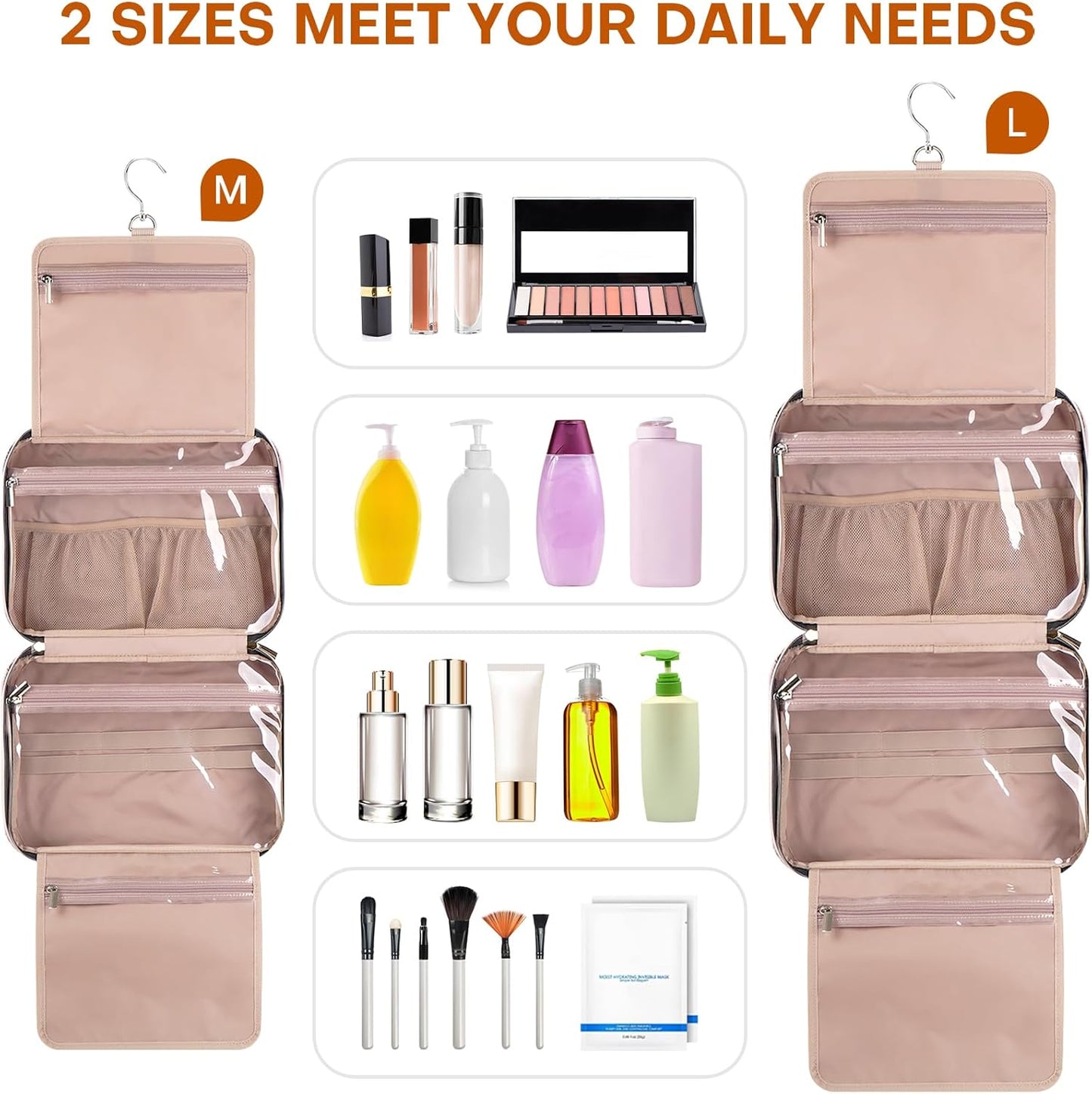 Hanging Toiletry Bag for Women Travel, 2 Sizes Large & Small Waterproof Cosmetic Organizer with 4 Compartments, Rotating Hook, Foldable Pink Travel Bag for Toiletries & Makeup - Large Pink