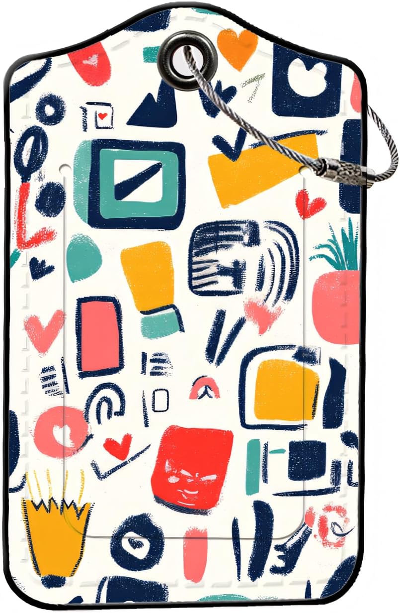Luggage Tags for Suitcases, 2-Pack PU Leather for Cruise & Travel, Baggage ID Tags with Privacy Cover & Address Card, Durable Metal Ring, Kids Adults Travel Accessories, Abstract Doodles