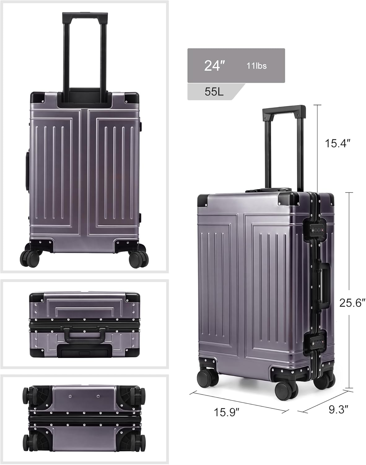 All Aluminum Carry On Luggage，Cut from Whole Aluminum Sheet，22x14x9 Airline Approved ，（3rd Generation，Premium Metal zipperless suitcase ） (grey, 24inch)