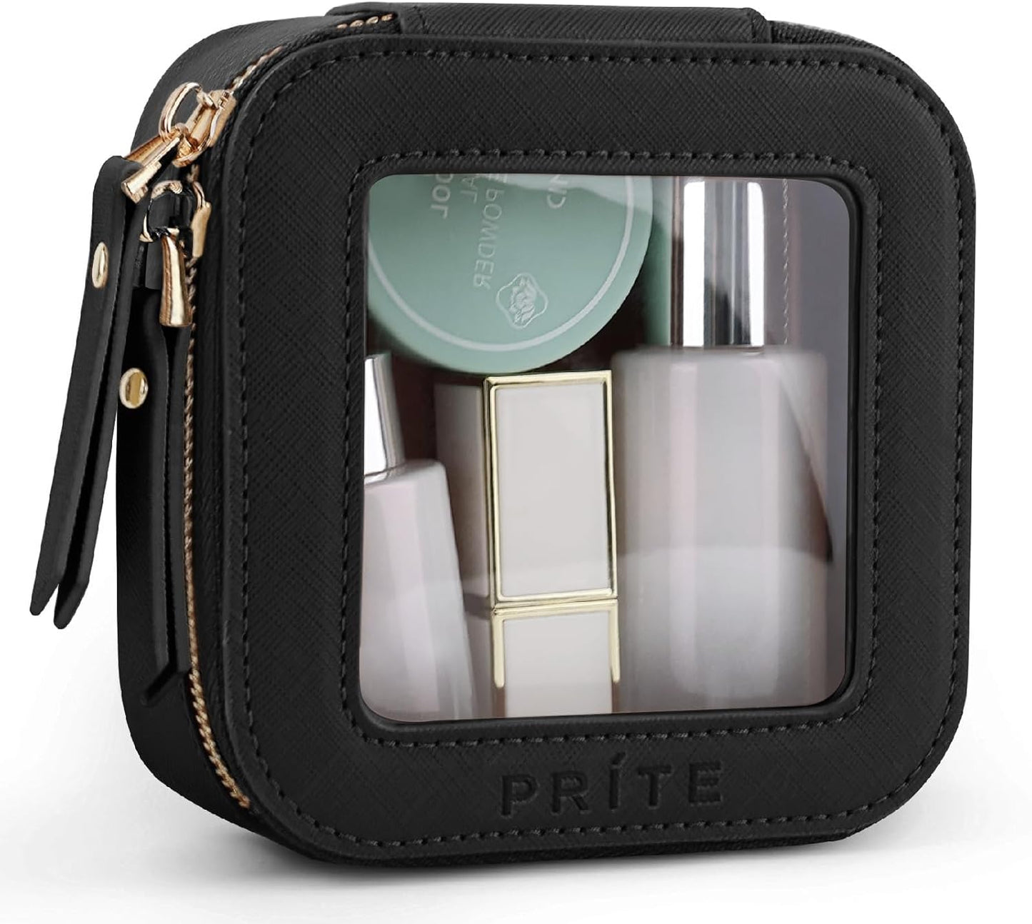 Prite Mini Clear Makeup Bag for Purse Cute Small Travel Cosmetic Bag for Women Waterproof Toiletry Bag Leather Makeup Pouch with Gold Zipper(Black)