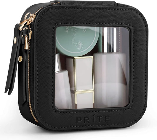Prite Mini Clear Makeup Bag for Purse Cute Small Travel Cosmetic Bag for Women Waterproof Toiletry Bag Leather Makeup Pouch with Gold Zipper(Black)