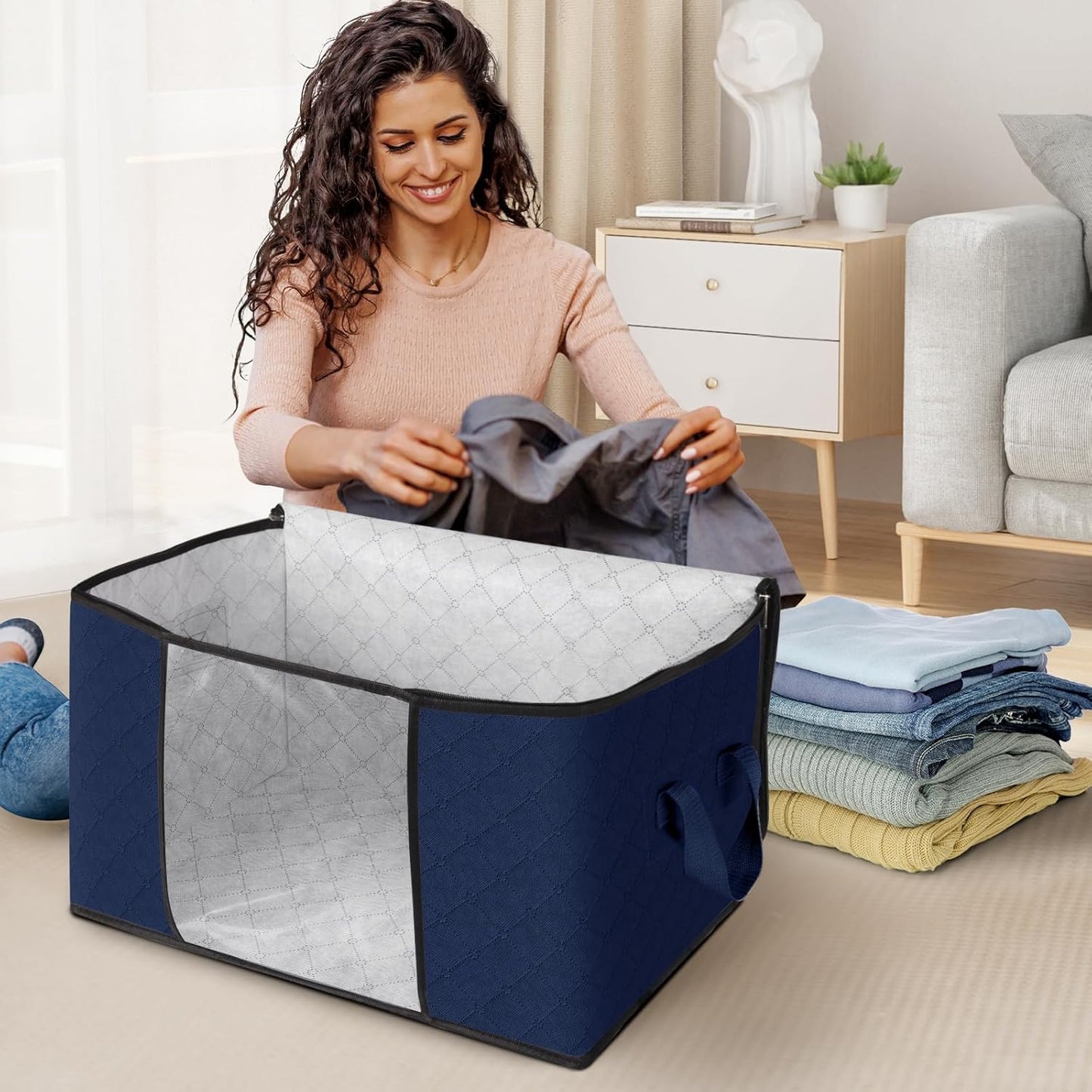 Fab totes 6 Pack Clothes Storage, Foldable Thick Fabric Blanket Storage Bags, Containers for Organizing Bedroom, Closet, Clothing, Comforter,Closet Organization with Handle,Blue
