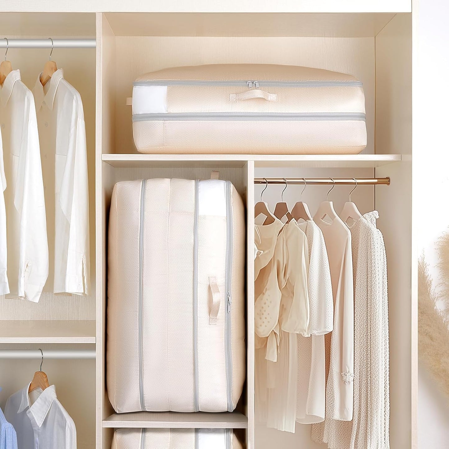 Comforter Storage Bag - Large Capacity Bedding Storage Bags Ultra Space Saving Self Compression Organizer, Washable Compression Bags for Storage Comforter Blanket Duvet Pillow, 4-Pack, Beige