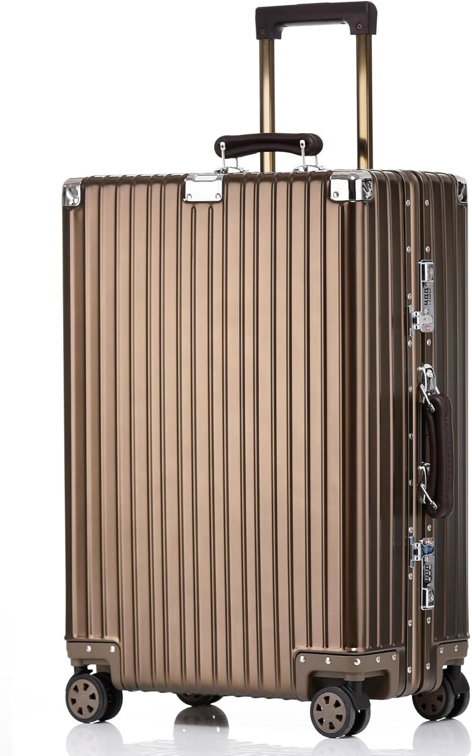 HotWay 20 Inch All Aluminum Carry On Luggage with Leather Handle, Hard Shell Zipperless Suitcase with TSA Locks and Spinner Wheels, Travel Luggage (22x14x9 Airline Approved), Gold
