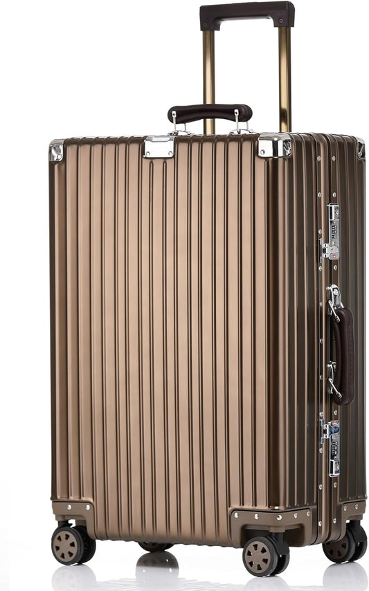 HotWay 28 Inch All Aluminum Checked in Luggage with Leather Handle, Hard Shell Zipperless Suitcase with TSA Locks and Spinner Wheels, Large Luggage for Business Travel, Gold