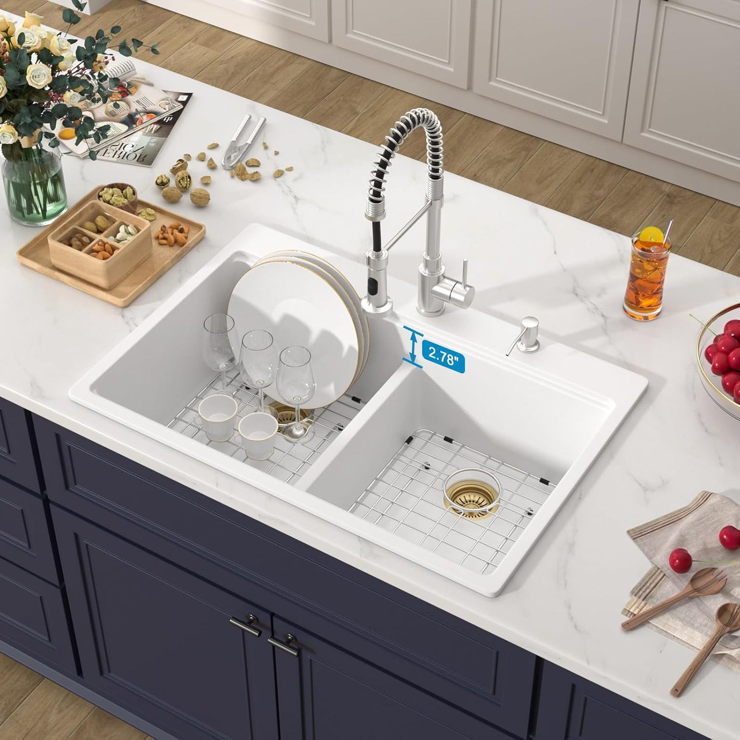 33 Inch Quartz Drop In White Kitchen Sink-Donsdey Double Bowl Topmount Granite Composite Workstation Sinks Double Basin Large Bowl Hard and Durable Noise Reduction Luxury Accessories