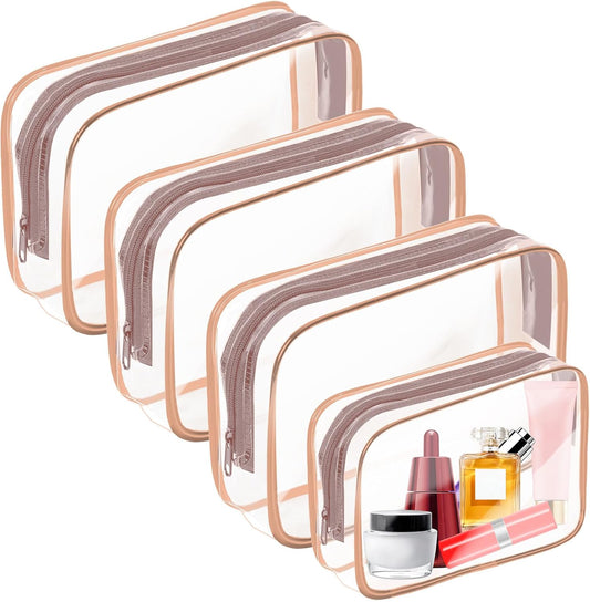AURUZA 4 Pack Clear Toiletry Bag,Portable Travel Makeup Bags with Zipper, TSA Approved Clear Organizer Bags, PVC Cosmetic Pouch for Airport Airline Compliant (4 Packs Rose Pink)