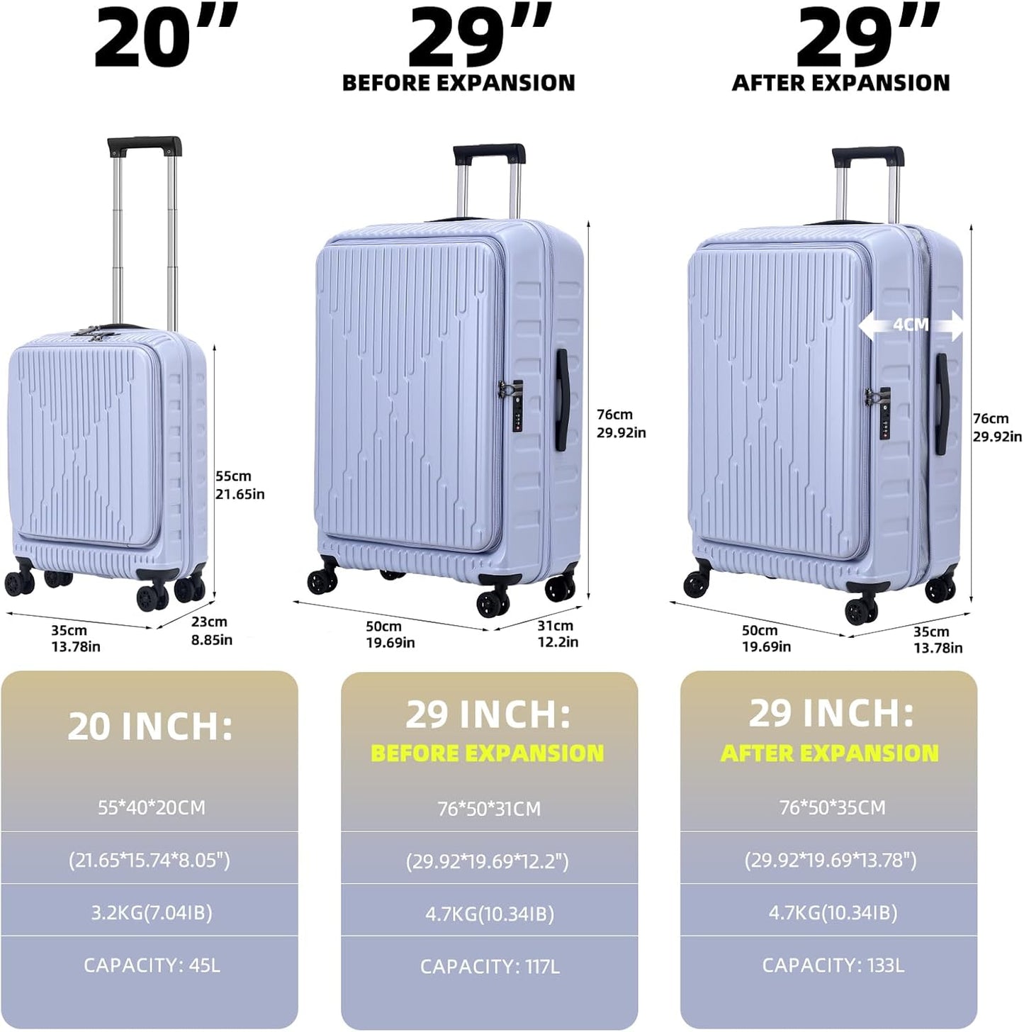 2 Pieces 20/29 Luggage Sets, 20 Inch Cabin Luggage with Front Pocket & 29 Inch Side Opening Suitcase, Ligthweight ABS+PC Hardshell, TSA Lock with HINOMOTO 360° Wheels, Lilac Purple