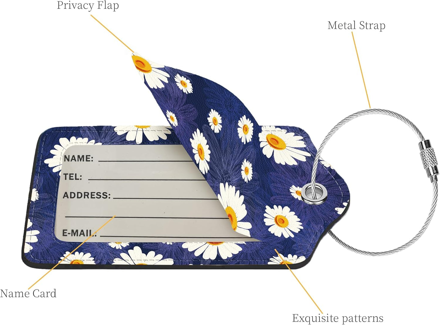 2 Pcs Luggage Tags for Suitcase, Cute Unique PU Leather Travel Bag Tag with Privacy Cover ID Label Address Card and Durable Metal Ring Suitable for Men Women Children Backpack,White Daisy