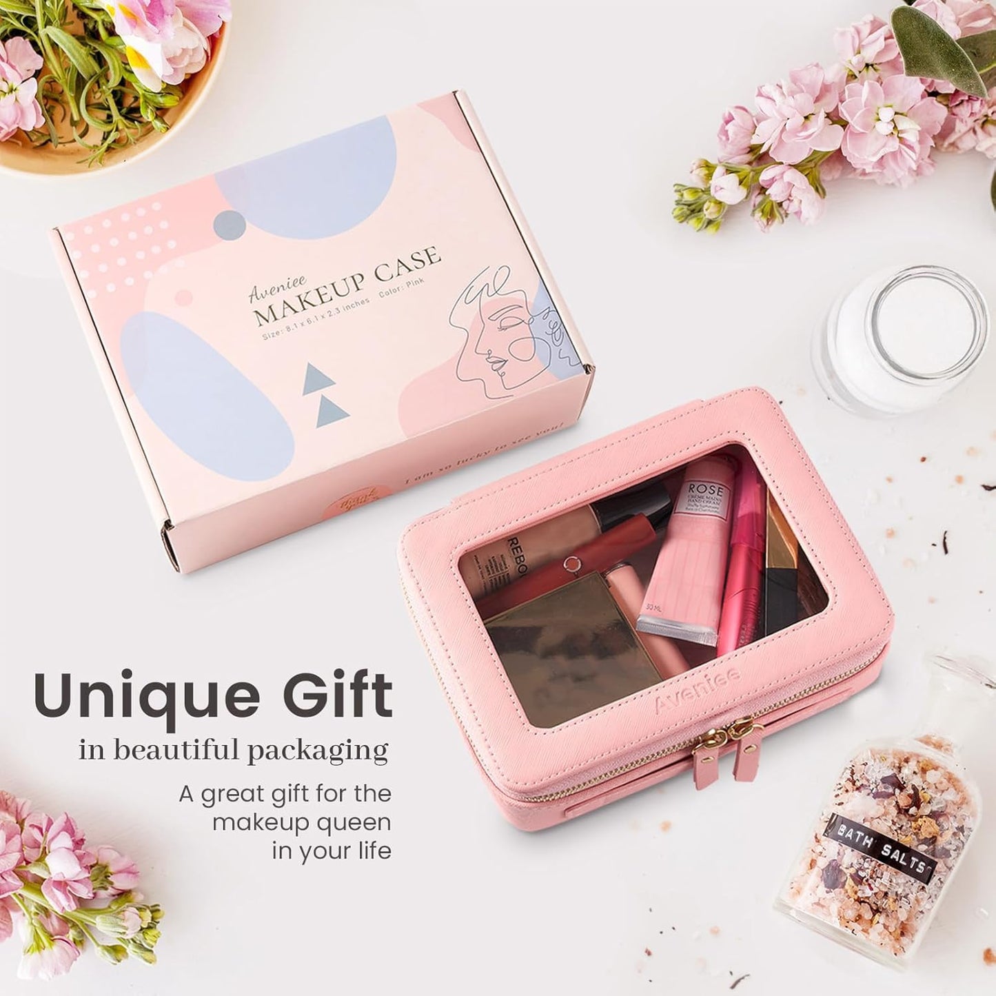 Aveniee Clear Makeup Bag Organizer, Travel Toiletry Bag for Women, Waterproof Cosmetic Pouch with Zippers,Car Accessories Organizers and Storage Case,Pink