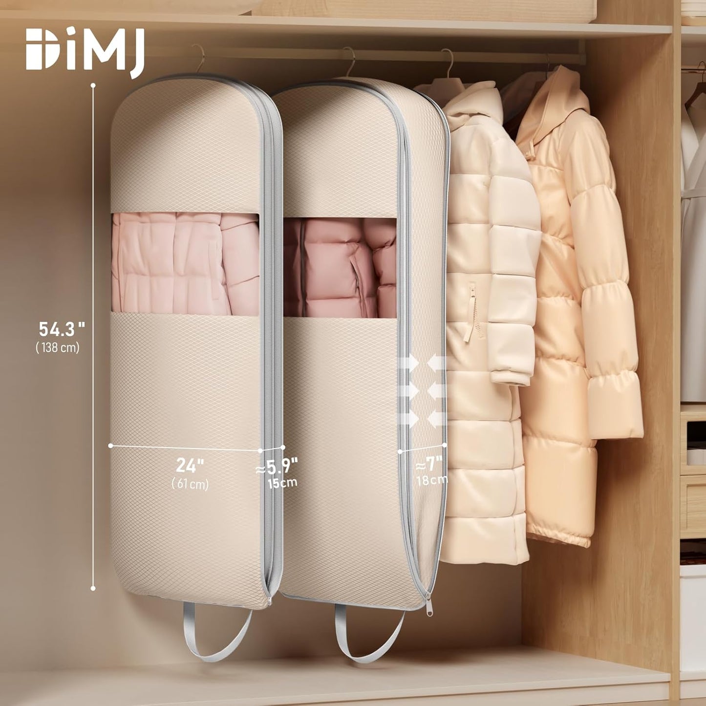 DIMJ 2 Pack 43" Garment Bags for Hanging Clothes - Space Saving Compression Suit Bag Travel with Handles Window, Washable Carry Clothing Storage Cover for Dress, Coats, Down Jacket, Shirts