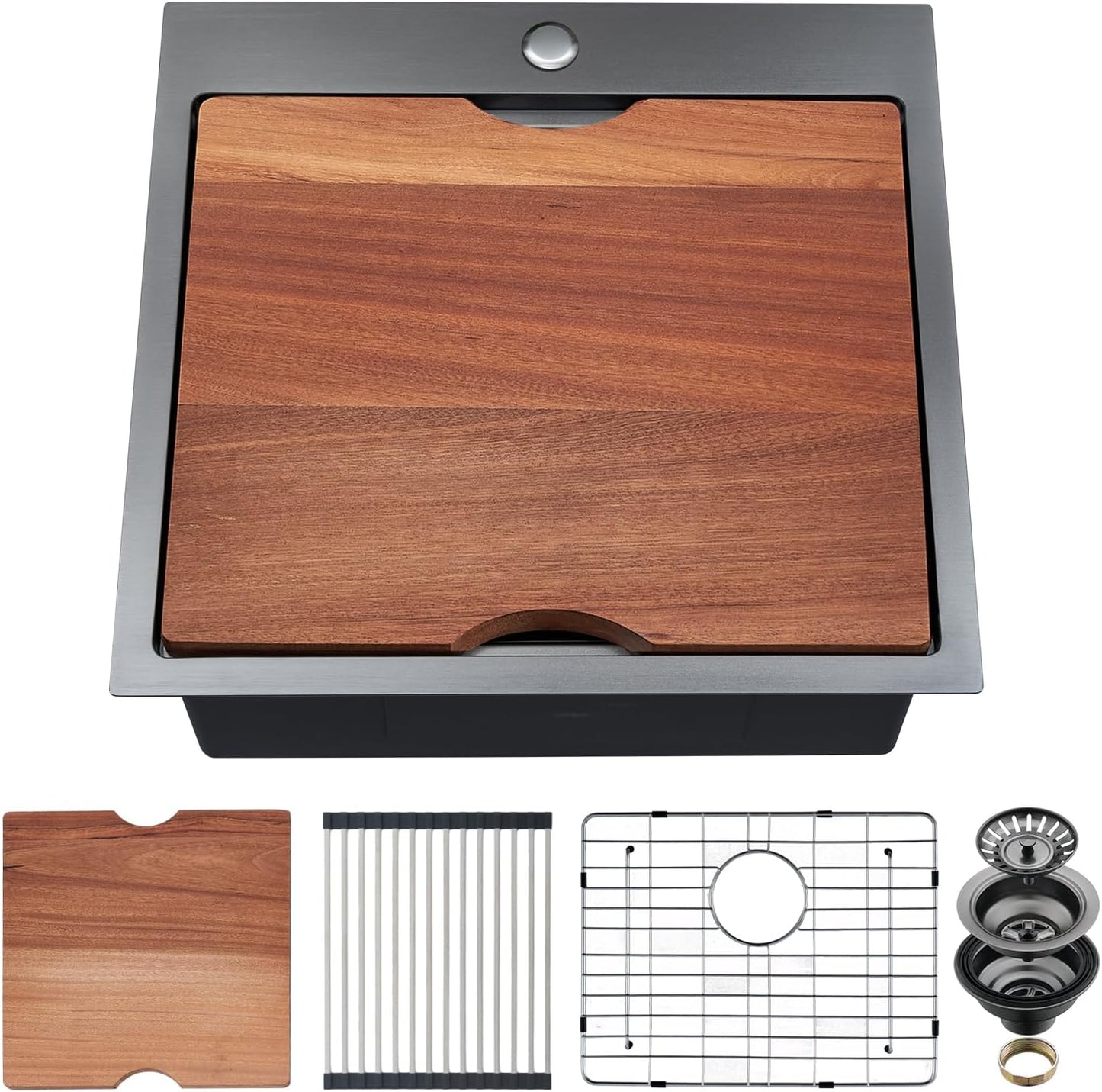21 x 20 x 10 Drop-in Kitchen Sink - 16 Gauge Gunmetal Black Stainless Steel Workstation Single Bowl With Cutting Board