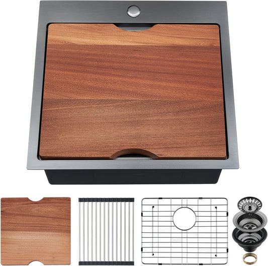 21 x 20 x 10 Drop-in Kitchen Sink - 16 Gauge Gunmetal Black Stainless Steel Workstation Single Bowl With Cutting Board