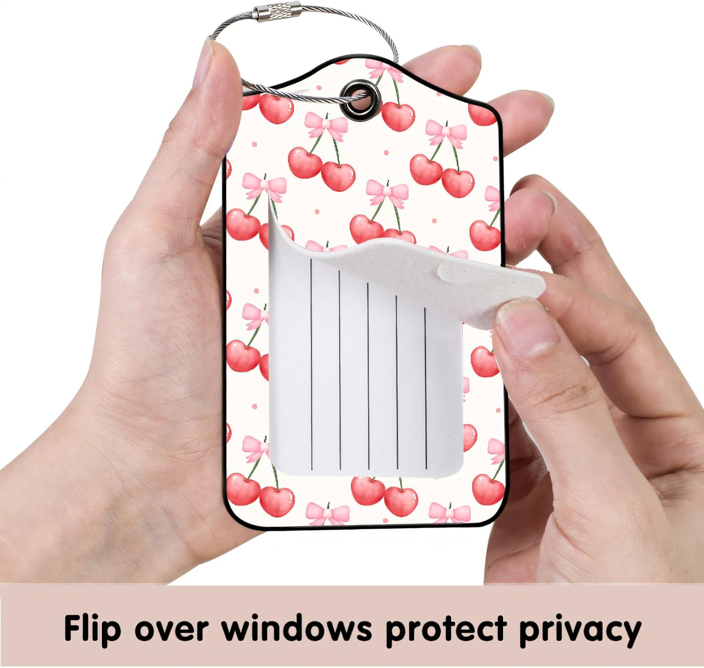 Luggage Tags for Suitcases, 2-Pack PU Leather for Cruise & Travel, Baggage ID Tags with Privacy Cover & Address Card, Durable Metal Ring, Kids Adults Travel Accessories, Sweet Bow Cherries