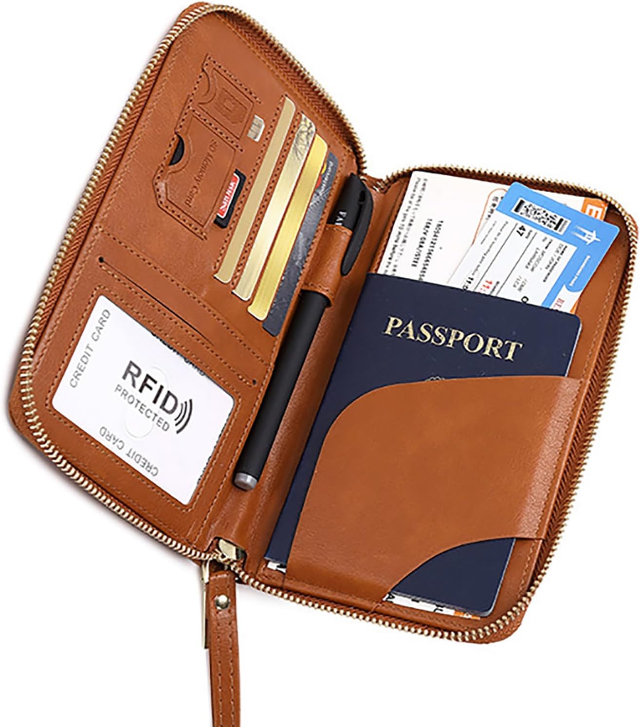 Rowgins Rfid Blocking Passport Holder Wallet, Rowgins Rfid Passport Holder with Zipper, PU Leather PassportHolder for Travel (BROWN)