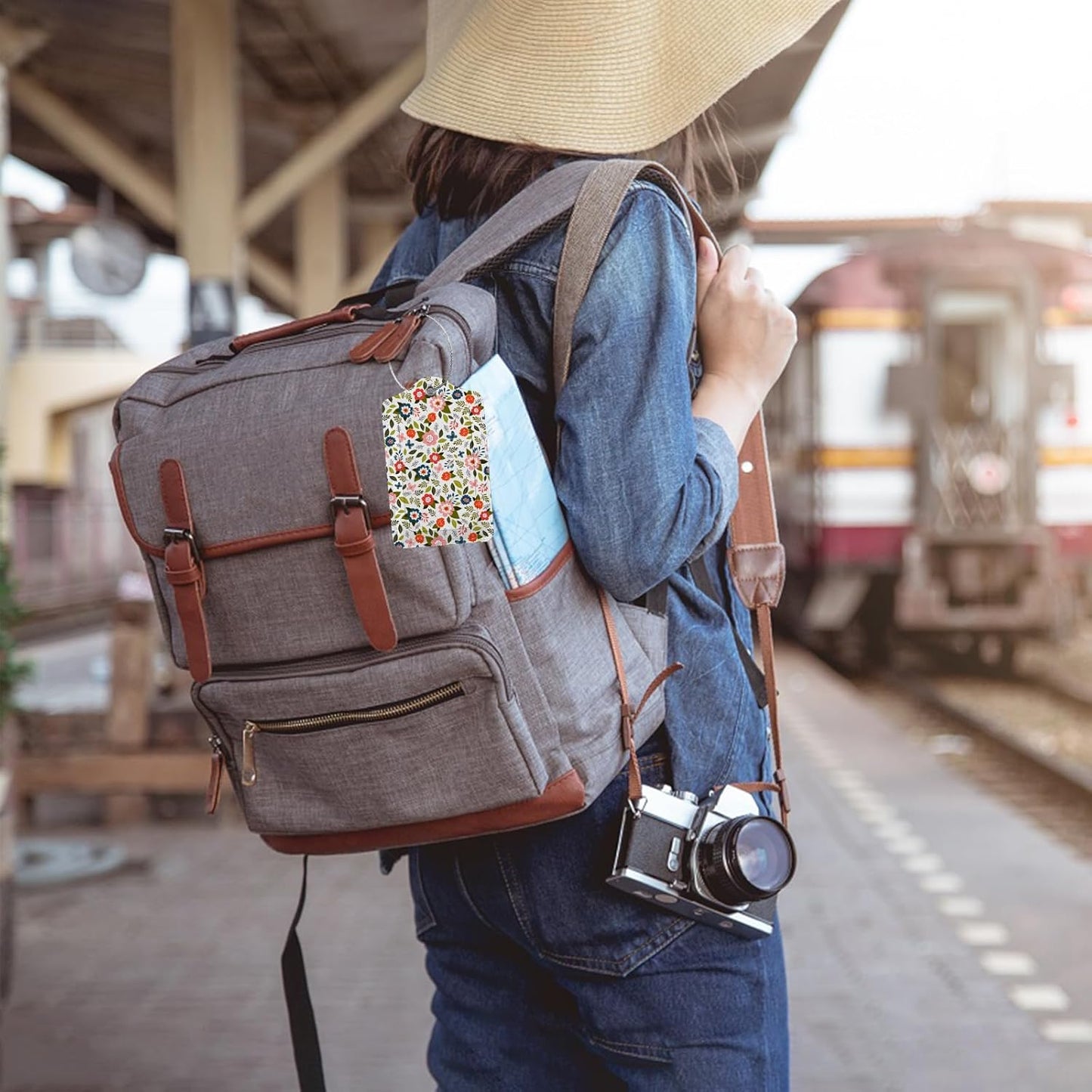 Blooming Flower Luggage Tags for Suitcases,2 Pack Luggage Tag, Leather Stainless Steel Loop Label Tag for Women Girl Travel Bag Suitcase