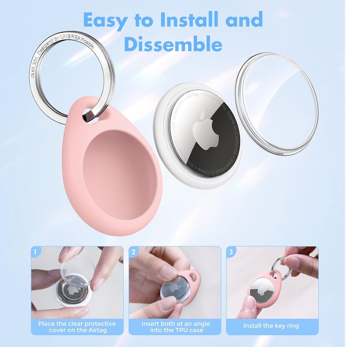 UNBREAKcable Holder for Apple AirTag - 4 Pack [Fit Tightly Design] [Easy to Install] [Hold Air Tag Securely] Waterproof TPU Shell Protective Case with All Metal Keychain Key Ring Clip