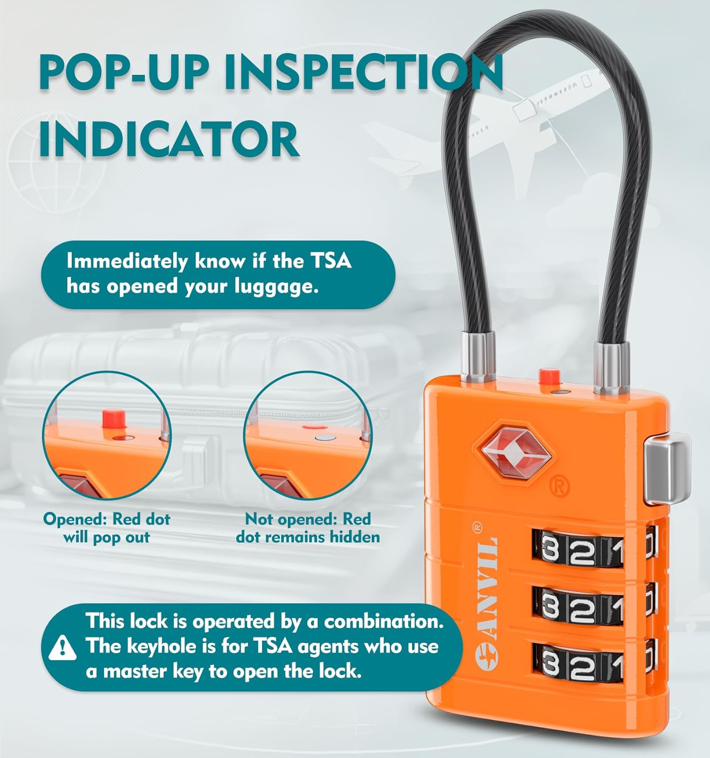 ANVIL TSA Approved Luggage Locks – High Security TSA008 Combination Travel Locks with Inspection Indicator for Suitcases and Backpacks. (4, Orange)