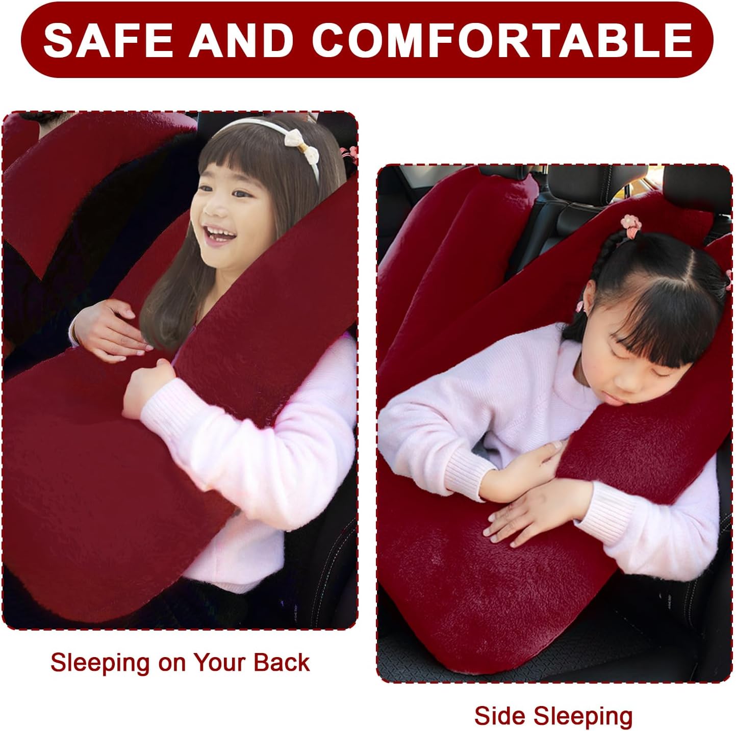 Travel Pillow, Travel Pillow for Kids, Sleeper Hold Pillow Travel, Removable U-Shaped Pillow for Adults and Children to Support Head and Body in The Back Seat of Long Car Trips (Dark Red)