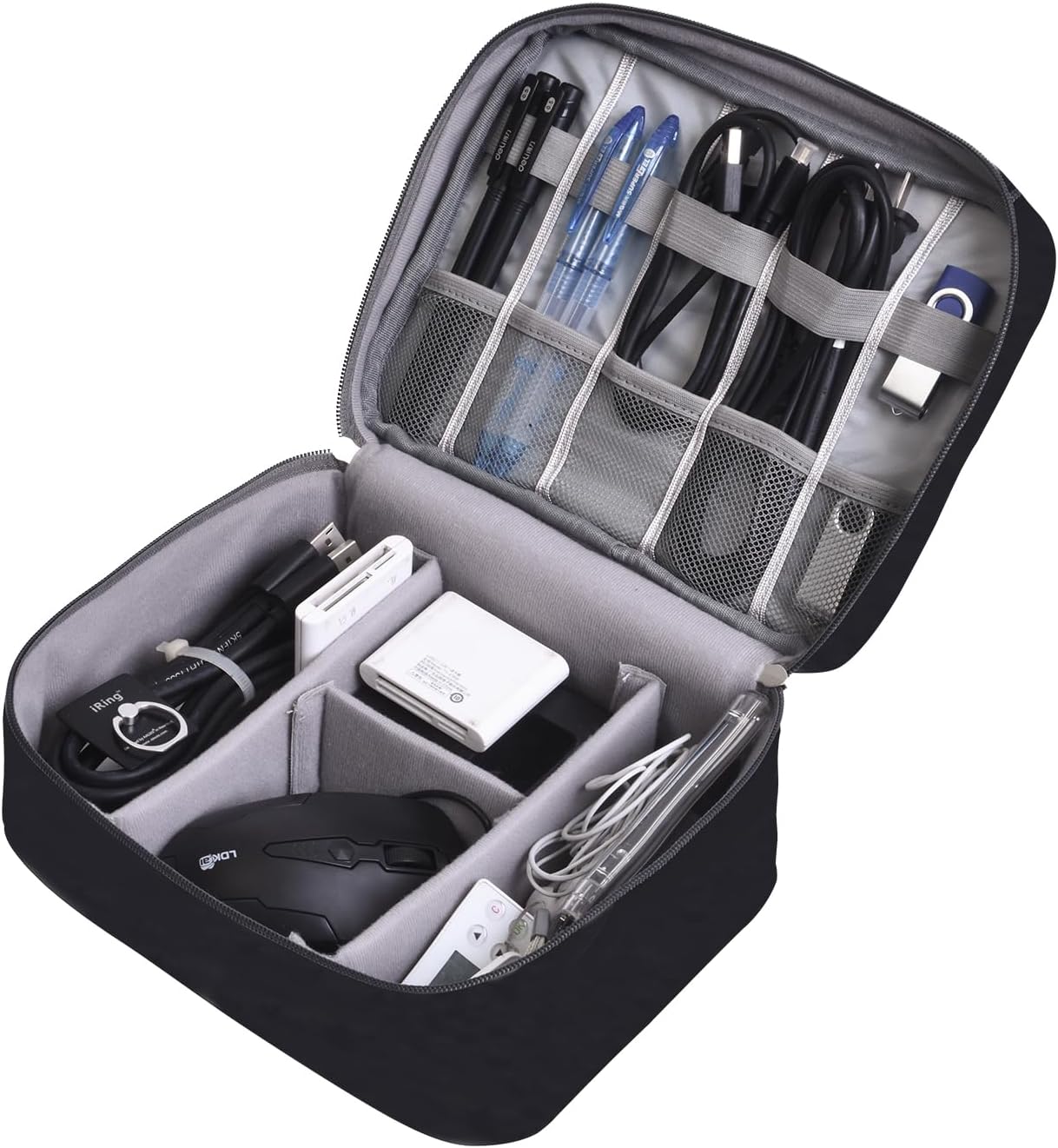 Cable Organizer bag for women or men,Electronic Accessories Carry Case Portable Waterproof Double Layers All-in-One Storage Bag for Cord, Charger, Phone, Earphone (Black)