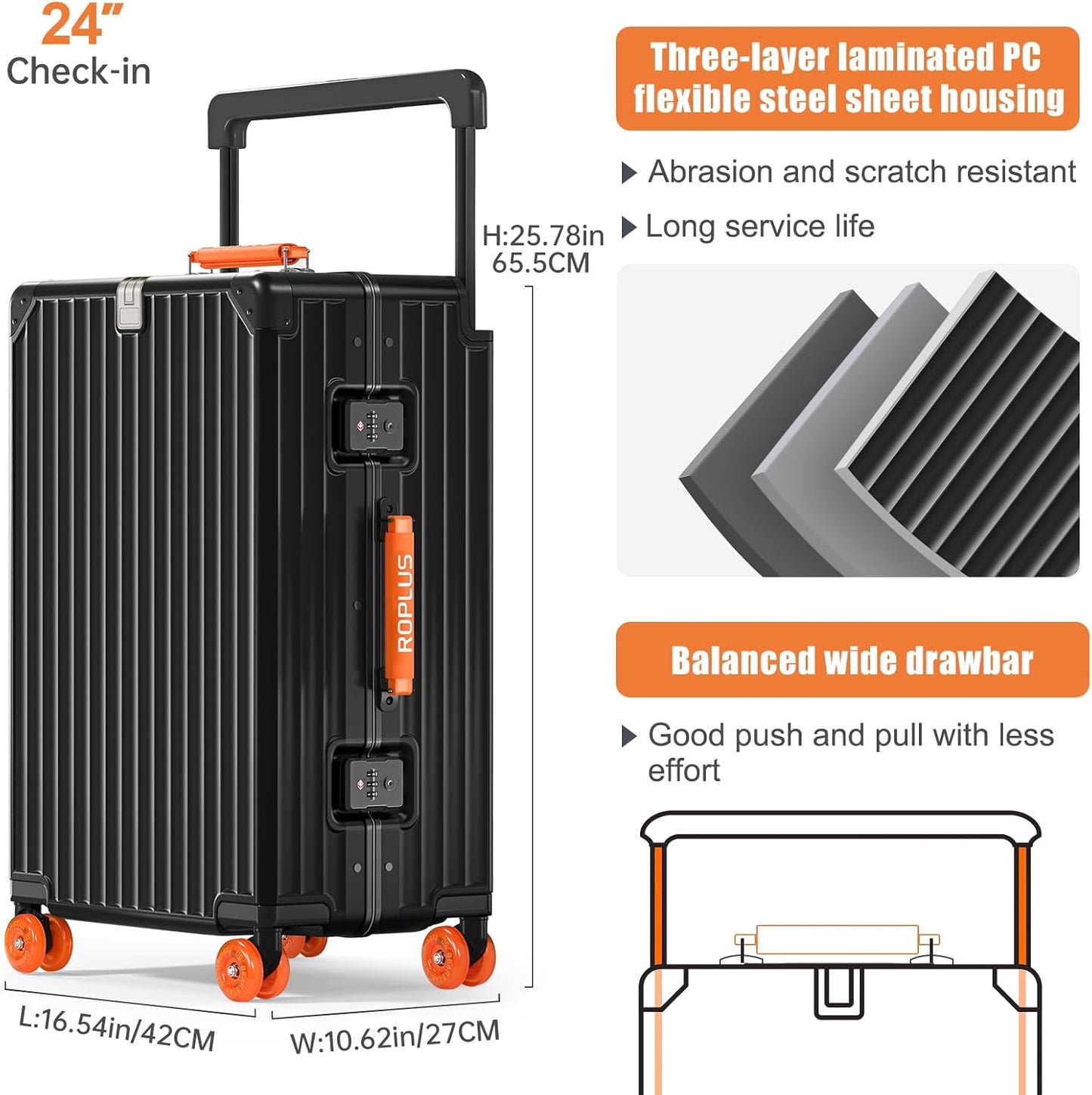 Aluminium Frame Checked-Luggage with Smooth Jelly Wheels, Hardside Zipperless Rolling Suitcase with TSA Lock (BlackOrange, 24-Inch)