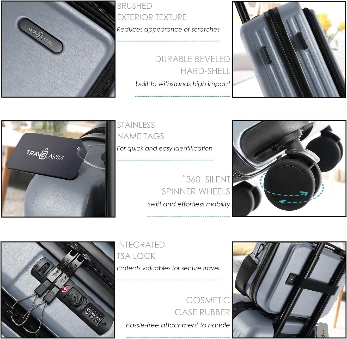 22 Inch Carry On Luggage 22x14x9 Airline Approved, Carry On Suitcase with Wheels, Hard-shell Carry-on Luggage, Durable Luggage Carry-On, Grey Small Suitcase with Cosmetic Case